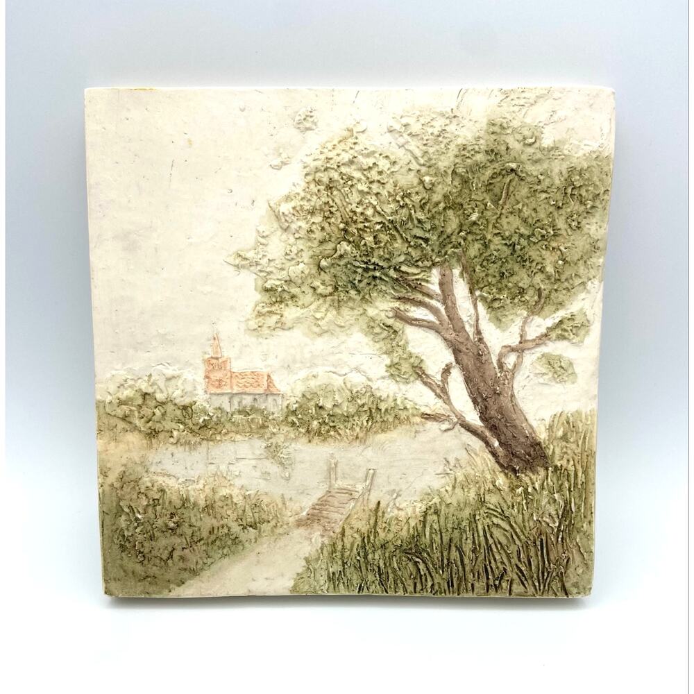 Vtg Heine Studio Plaster Relief Wall Plaque 3D Landscape Church Tree W Germany